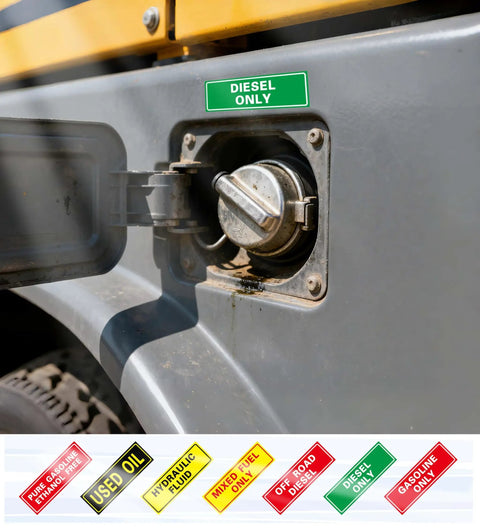 Close-up of diesel fuel cap with green 'DIESEL ONLY' sticker, featuring 9 Pack Hydraulic Fluid Stickers 6x2 Inch Waterproof Decals.