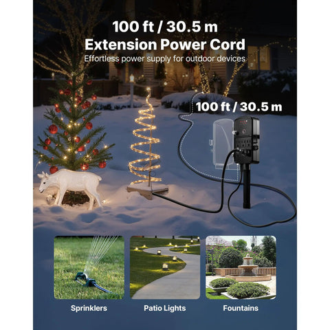 No More Plug Fights, Heavy Duty Outdoor Power Stake And 100Ft Extension Cord With Rugged Weatherproof Cover, Six Outlet Hub, Remote Timer, 13Amps, Ultimate Game Changer For Christmas Lights, Garden, Patio Decor, in use with outdoor lights and decor.