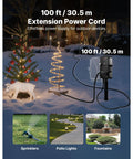 Heavy Duty Outdoor Power Stake With 100 Foot Extension Cord, Six Socket Weather Resistant Timer And Remote, Dusk Till Dawn Light Sensor, Built Tough Waterproof Plug For Holiday Strings And Yard Decor in snowy outdoor setting.