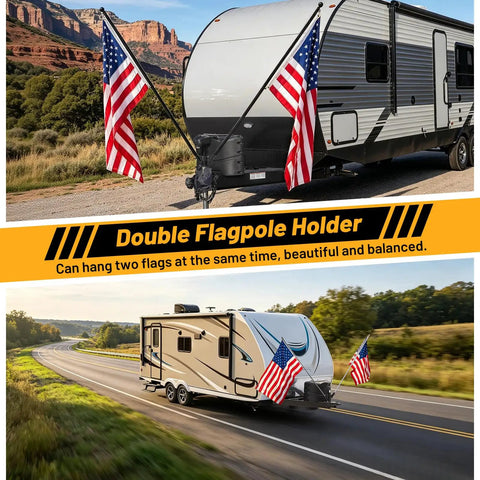 RV with Heavy Duty RV Flag Pole Mount For Travel Trailer Tongue Jack Clamps On Without Drilling Dual Pole Holder displaying flags