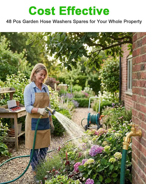 Woman watering garden with hose using 48 Piece Garden Hose Washers With Self Locking Tabs Leak Proof Black And Red Premium 3mm Thick Rubber Gaskets For High Pressure Sealing Durable Replacement Kit For Any Hose End