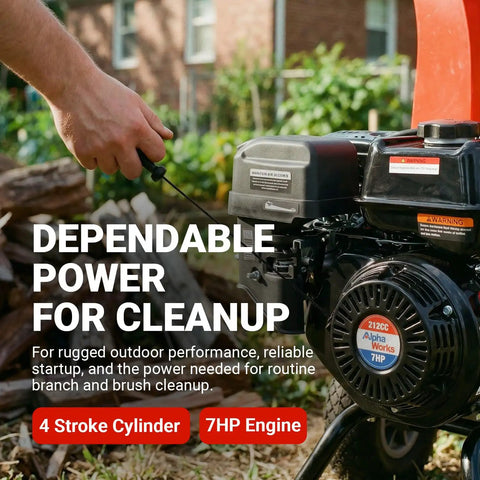 Ultra Duty 7 HP Gas Powered Wood Chipper Shredder Mulcher engine with pull start handle, backyard cleanup