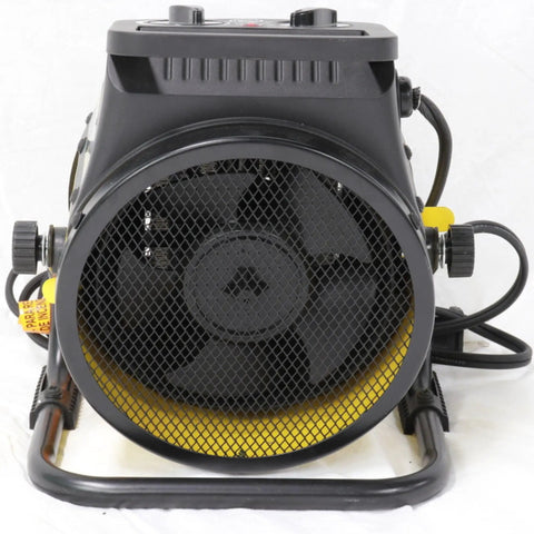 Electric Forced Air Heater With Pivoting Base 5120 BTU In Yellow For Garages And Shops, front view showing fan grille