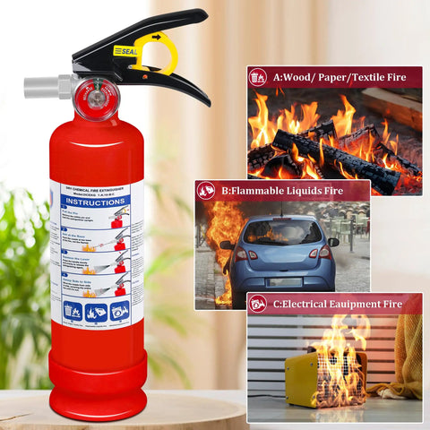 Six Pack 2.5 Lb ABC Dry Chemical Fire Extinguishers With Quick Release Handle For Home Car Boat RV Grill Kitchen And More Ready To Fight Class A B C Fires, shown with fire illustrations.