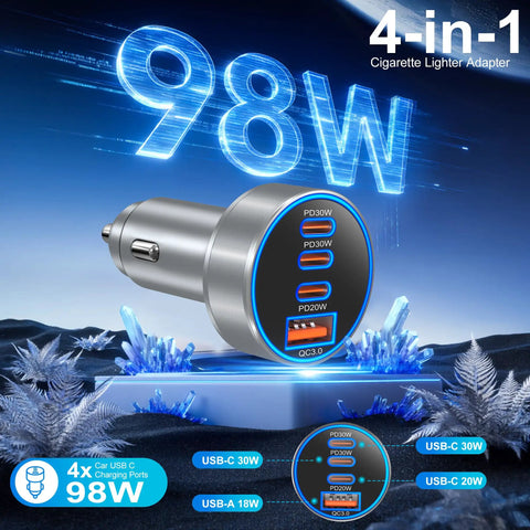 98W Usb C Car Charger Straight Up Crushes Fast Charging Needs With Four Ports displayed with shiny silver finish and ports highlighted.