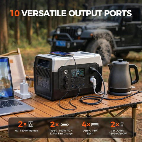 Heavy Duty 1800W Portable Power Station With Included 200W Solar Panel LiFePO4 Battery EV Backup on outdoor table