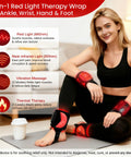 Woman using Cordless Red Light Therapy Ankle Massager Wrap With 660nm Red And 850nm Infrared Lights, Vibration And Heat for pain relief.