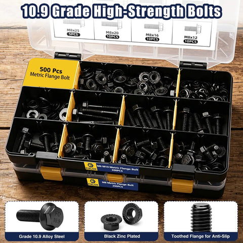 Tough As Nails Metric Flange Bolt Kit With 500 Pieces Of Grade 10.9 Alloy Steel Fasteners in organized box with black zinc plated components.