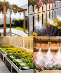 Collage of 100Ft 360 Degree Adjustable Garden Irrigation System with 18 nozzles misting lawns, flower beds, and raised gardens.