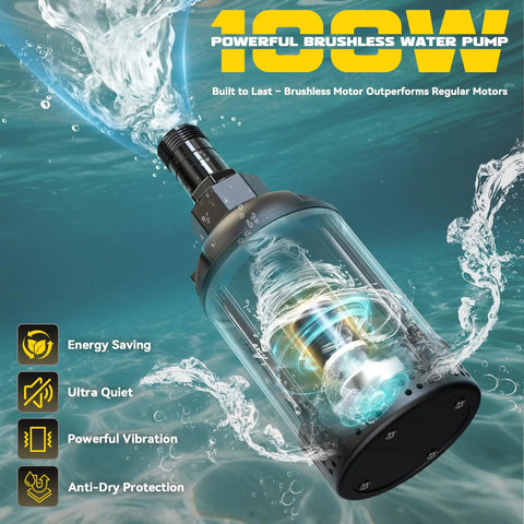 Cordless Submersible Water Pump With 1268 GPH High Flow 100W Motor underwater view showcasing features and motion