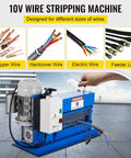 Portable Powered Wire Stripper Tool for Recycling Copper Wire 18 AWG to 1 Inch OD Range showing machine design and wires.