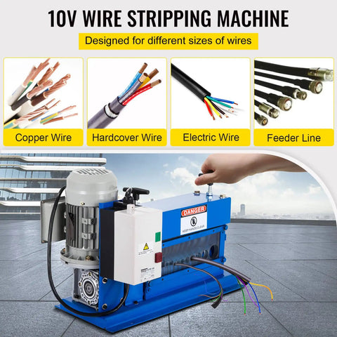 Portable Powered Wire Stripper Tool for Recycling Copper Wire 18 AWG to 1 Inch OD Range showing machine design and wires.