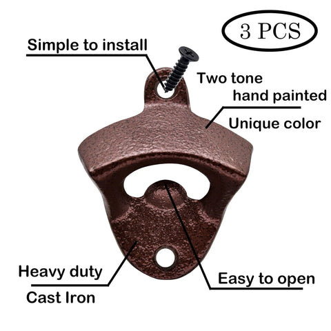 Heavy Duty Wall Mounted Bottle Opener Set Of Three Rock Solid Cast Iron Crackle Finish black and red hand painted opener, with screw.
