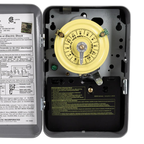 Heavy Duty 24 Hour Mechanical Timer Switch 120 Volt SPST for lights pumps fans HVAC, metal enclosure, manual override visible