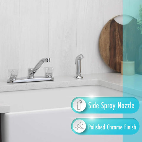 Two Handle Kitchen Faucet With Side Spray In Polished Chrome For Easy Control And Quick Cleanup, sleek design in modern kitchen.