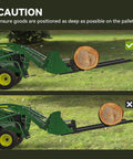 43 Inch Clamp On Pallet Forks for tractor bucket securing a large log, showing proper and improper load placement