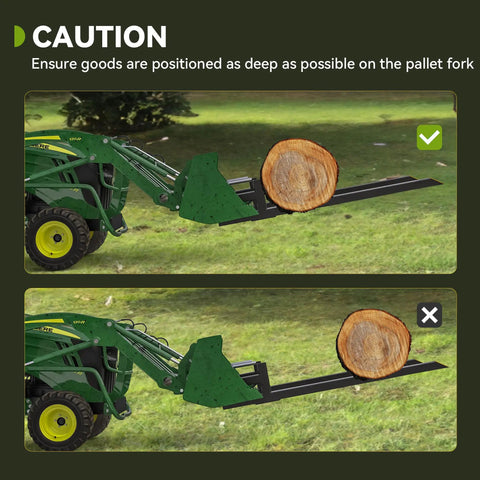 43 Inch Clamp On Pallet Forks for tractor bucket securing a large log, showing proper and improper load placement