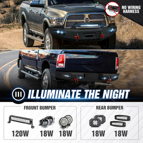 YZONA Ram bumper set for 2010–2018 Ram 2500/3500 (front & rear) with winch plate and LED lights, black