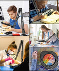 Collage of Hands Free Desk Magnifier With Light 15X And 10X Zoom, 84 LED Real Glass Lens, used for crafting, repair, sewing.