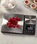 Dual Platform Digital Kitchen Scale for Home Chefs with raspberries on stainless steel surface, 11 lb and 16 oz capacity, backlit LCD.