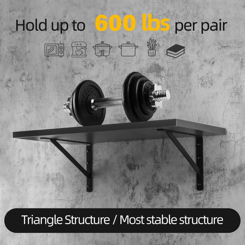 Heavy Duty Shelf Brackets 12 By 8 Inches Black Pair Holds Up To 600 Pounds on a sturdy shelf with dumbbells.