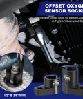 Offset oxygen sensor socket in use with 1/2 and 3/8 inch drive tools, featuring 6 Piece O2 Oxygen Sensor Socket Set.