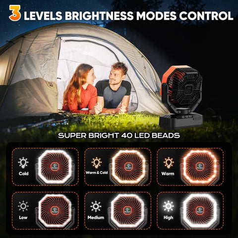 20,000mAh Camping Fan With 70-Hour Runtime next to a lit tent, showing LED lantern feature and brightness modes control
