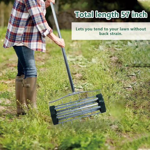 Person using Heavy Duty Rolling Lawn Aerator With 1.4 Inch Spikes And 57 Inch Steel Handle on grassy area