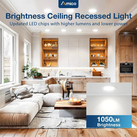 Sleek 6 Inch Led Recessed Ceiling Lights 48 Pack Featuring Adjustable 5Cct Color Tone And 1050 Lumen Output in modern kitchen setting.