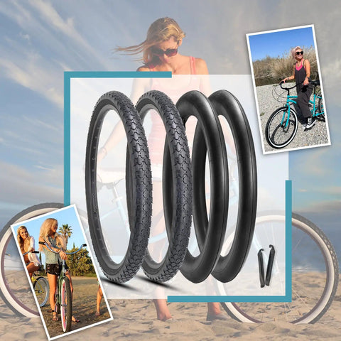 Two Pack Cruiser Bike Tire Kit With Tubes And Levers 24x2.125 Inch folding puncture resistant tires for beach cruisers display