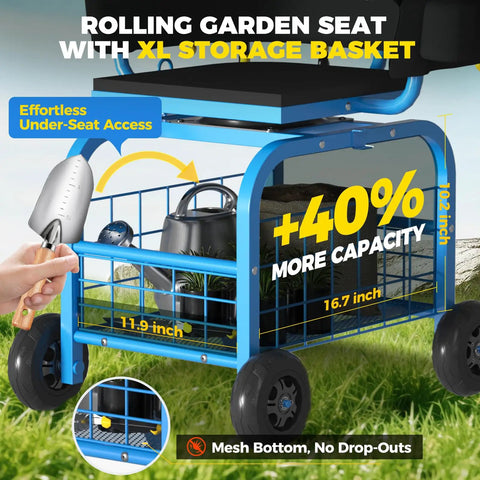 Rollin Garden Seat With Wheels For Seniors And Gardening Gearheads, 360 Degree Swivel Seat With Backrest, shown with tool storage basket