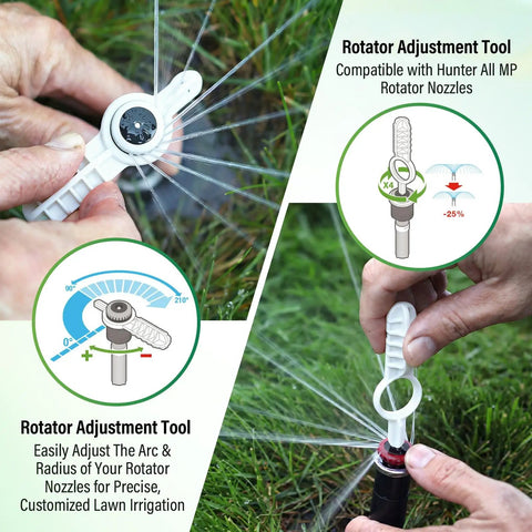 Close-up of hand using 5 Piece Sprinkler Head Tool Kit For Lawn Irrigation DIY Friendly All In One Set Including Pull Up Tool Rotor Adjustment Screwdriver Nozzle Insertion Collar Nozzle Tools And Sprinkler Key For Hunter Rain Bird MP PGP Sprinklers on grass