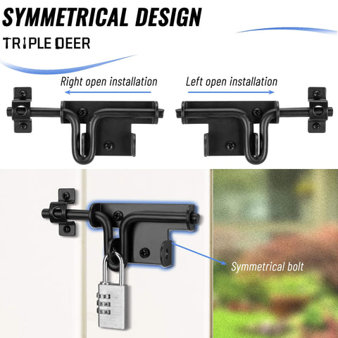 Beefy Heavy Duty Sliding Bolt Gate Latch For Wooden Fence Yard Fence Shed Door Barn Door with padlock installed view.
