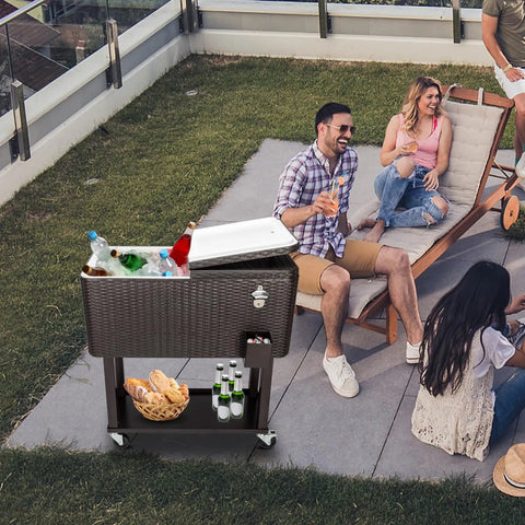 80 Quart Rolling Ice Chest Portable Bar Cooler With Catch Basin, Bottom Storage Tray And Bottle Opener for patio use