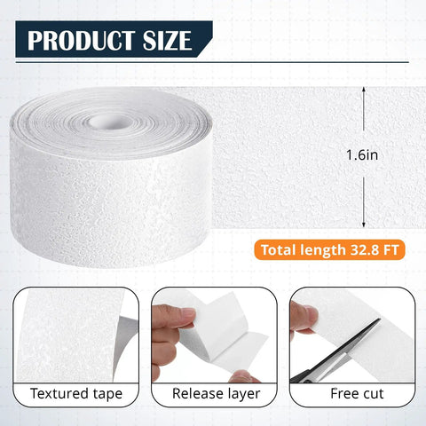 Self Adhesive Drywall Joint Tape 1.5 Inch By 32 Foot Textured Roll, showing textured surface and cutting process