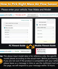 Guide on selecting the right Mass Air Flow Sensor, showing PC and mobile fitment options for vehicle make and model.