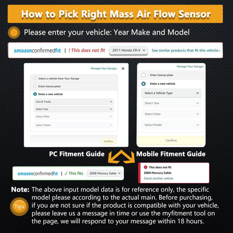 Guide to selecting the correct mass air flow sensor for your vehicle, showing PC and mobile fitment guides with input examples.