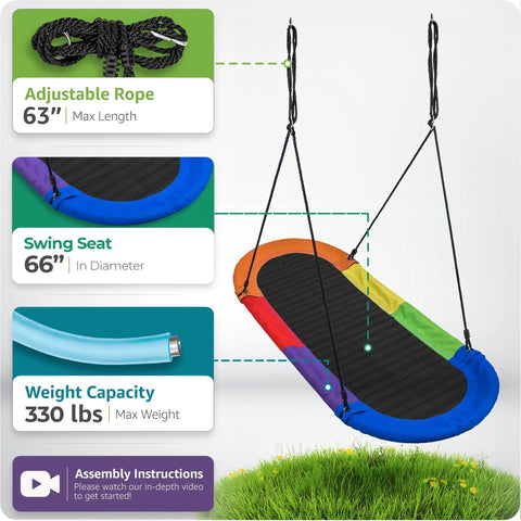 66 Inch Oval Saucer Swing For Kids And Teens Outdoor Indoor Backyard Fun With Adjustable Ropes Durable Seat Supports Up To 700 Pounds Includes Safety Net, features and details.