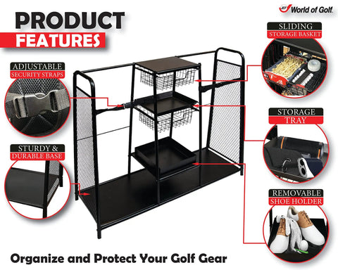 Heavy Duty Metal Golf Bag Organizer Rack For Two Bags With Secure Straps Two Wire Drawers For Accessories Five Shelves And One Shoe Shelf The Dope Golf Gear Storage Stand In Black with security straps and wire drawers
