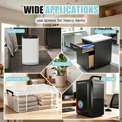 One Inch Self Adhesive Caster Wheels Four Pack Smooth Appliance Sliders Offer Quick Stick Install And Breezy 360 Degree Swivel Action For Effortless Furniture Moving shown on various applications like a trash can and file cabinet.