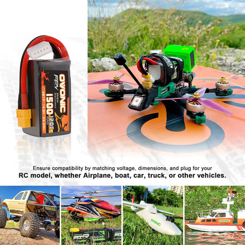 14.8V 120C 1500mAh 4S LiPo Battery With XT60 Plug next to FPV drone, RC car, quadcopter, plane, and boat models