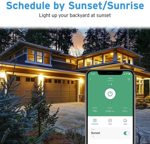 Smartphone app controlling Outdoor Two Socket Smart Plug WiFi Outlet With Alexa And Google Home Compatibility shown beside house at sunset