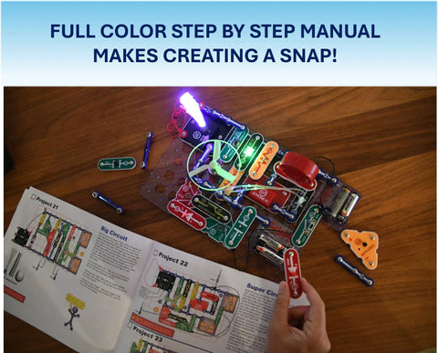 Light Up Learning With This Electronics Exploration Kit Featuring 175 Plus STEM Projects with full color manual displayed.