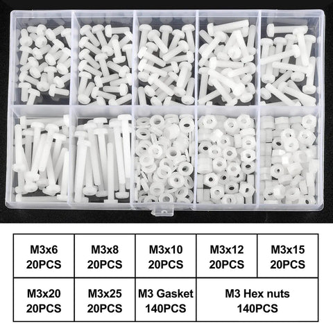 White Nylon Round Head Screw And Nut Bolt Assortment Kit Featuring Top Shelf Corrosion Resistant Fasteners in labeled storage box.