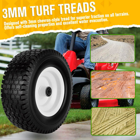 Flat Free Tire And Wheel Set 13x5.00-6 For Riding Lawn Mower with 3mm Chevron-Style Tread, Solid Rubber, Pre Assembled Rims, 2 Pack