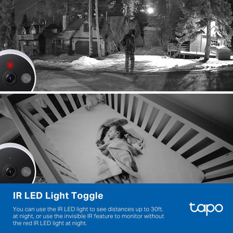2K Plus Indoor Outdoor Wired Security Camera With Color Night Vision And Person Pet Vehicle Detection, Baby Monitor, IP66 shown monitoring outdoors and baby in crib at night with IR LED light.