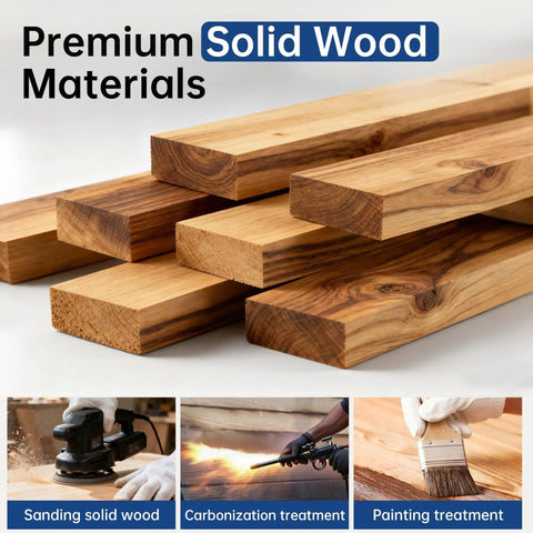 Premium solid wood materials used for Wood Fishing Rod Holder Rack for wall or ceiling mount, showing sanding, carbonization, painting.