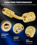 Four Pack Angled R410A Adapters For Mini Split HVAC Service Five Sixteenth Inch Female To One Quarter Inch Male Flare Fittings Pro Grade Easy Connect For Diagnostics And Maintenance brass angled adapter with knurled end and inset O-rings