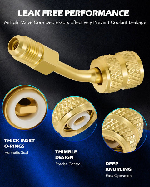 Four Pack Angled R410A Adapters For Mini Split HVAC Service Five Sixteenth Inch Female To One Quarter Inch Male Flare Fittings Pro Grade Easy Connect For Diagnostics And Maintenance brass angled adapter with knurled end and inset O-rings