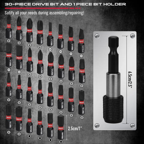 30-piece drive bit set with one bit holder, featuring various sizes and types, displayed on a rugged background.